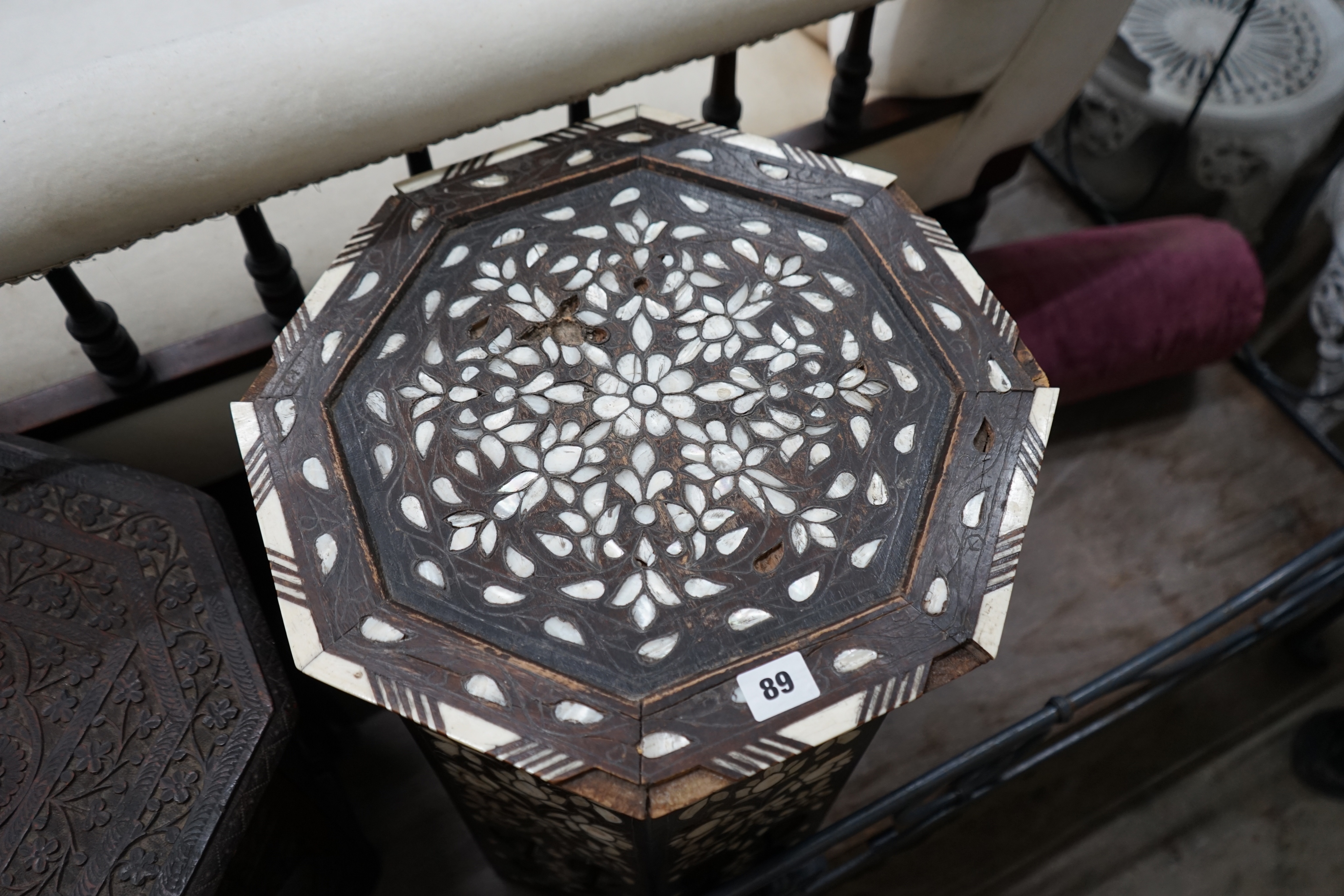 Three Indian and Moorish octagonal occasional tables, largest width 43cm height 53cm